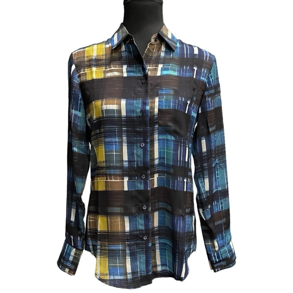 Trina Turk Blue Plaid Button Down Blouse | Size SP Petite | Office Dark Academia